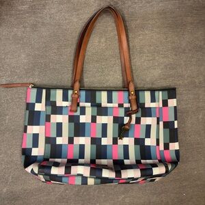 Pink and Brown Geometric Tote Bag with Leather Handles